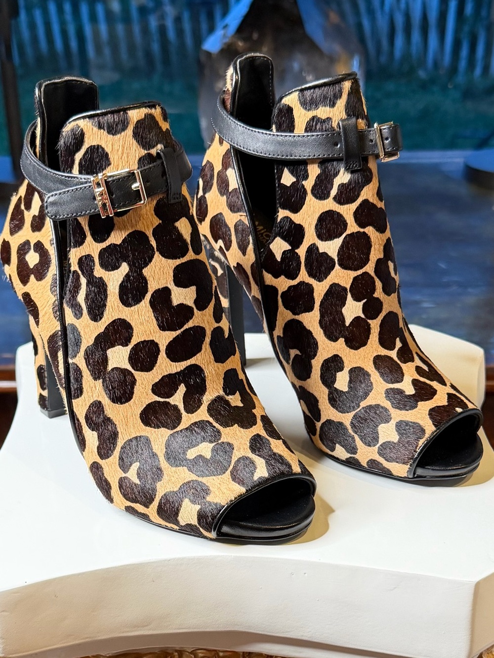 Michael Kors Leopard Print Open-Toe Ankle Booties - Tan & Black - Picture 2 of 10
